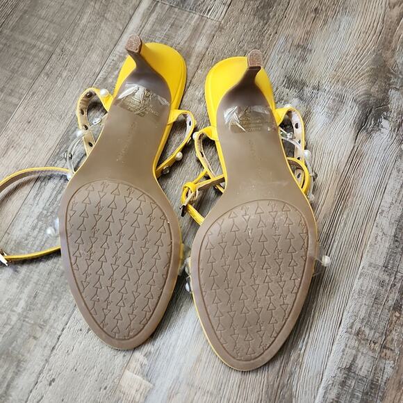 Adrienne Vittadini Yellow High Heel Sandals Studded Faux Pearl & Rhinestones 10 - Picture 6 of 9